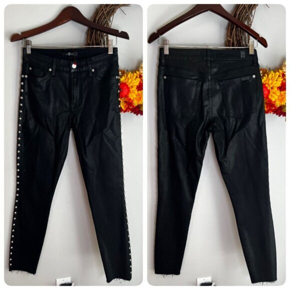 7 for All Mankind Womens Studded Shiny Coated Skinny Ankle Jean Sz 27 Black Fray - Picture 1 of 12